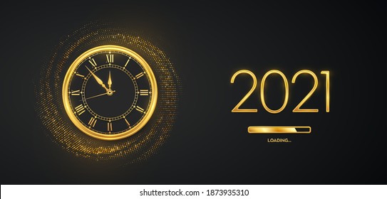 Happy New Year 2021. Golden metallic numbers 2021, gold watch with Roman numeral and countdown midnight with loading bar on shimmering background. Bursting backdrop with glitters. Vector illustration.