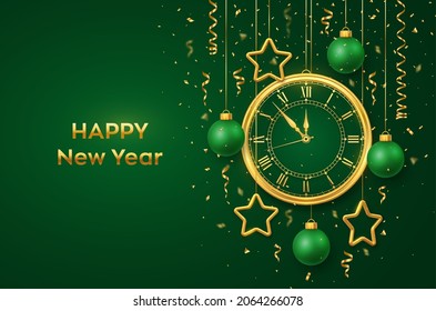 Happy New Year 2021. Golden shiny watch with Roman numeral and countdown midnight, eve for New Year. Green background with gold stars and balls. Merry Christmas. Xmas holiday. Vector illustration.