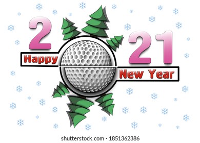 Happy new year 2021 and golf ball with Christmas trees on a snowflake  background. Creative design pattern for greeting card, banner, poster, flyer, party invitation, calendar. Vector illustration