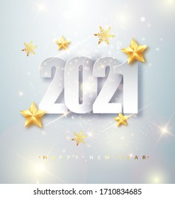 Happy New Year 2021 Greeting Card with Silver Numbers and Confetti Frame on White Background. Vector Illustration. Merry Christmas Flyer or Poster Design.