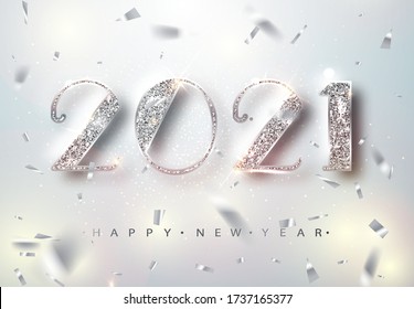 Happy New Year 2021 Greeting Card with Silver Numbers and Confetti Frame on White Background. Vector Illustration. Merry Christmas Flyer or Poster Design. Vector