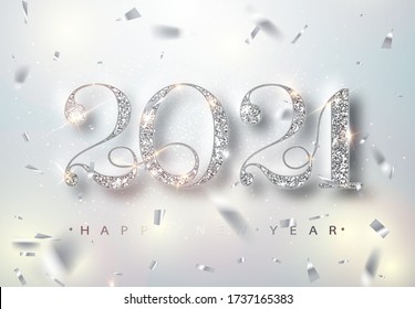 Happy New Year 2021 Greeting Card with Silver Numbers and Confetti Frame on White Background. Vector Illustration. Merry Christmas Flyer or Poster Design. Vector