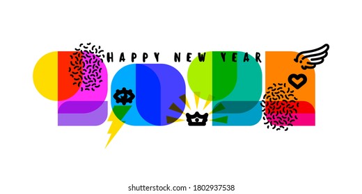 Happy New Year 2021 greeting card. Multicolored numbers with cool design elements like wing, eye, crown, heart isolated on white background. Retro vector illustration for brochure or calendar cover