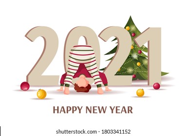 Happy New Year 2021 greeting card. Baby boy standing upside down, christmas tree and balls. Volumetric figures. Vector illustration for poster, banner, card, cover, postcard.