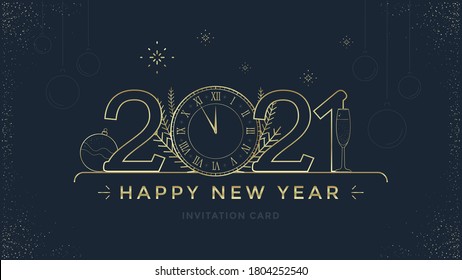 Happy New Year 2021 greeting card design with stylized Golden clock and decoration on dark background. Merry Christmas golden line illustration.