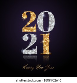 Happy New Year 2021 Greeting Card with Gold and Silver Numbers on Black Background with Glossy Reflection. Vector Illustration. Merry Christmas Flyer or Poster Design