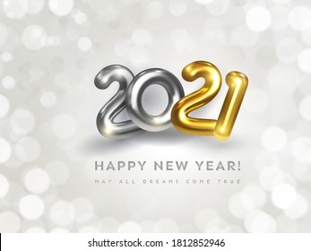 Happy New Year 2021 greeting card with wish text. Holiday vector illustration of golden metallic numbers 2021 on white background with bokeh. Realistic 3d silver and gold sign. Festive banner design