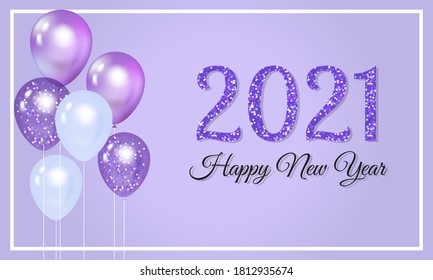 Happy new year 2021 greeting post card. Realistic balloon decoration element. Glitter shiny text. Vector illustration.