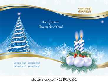  Happy New Year 2021. Greeting card with Christmas tree, candles and balls on a blue background in a frame from a golden wave. Vector illustration