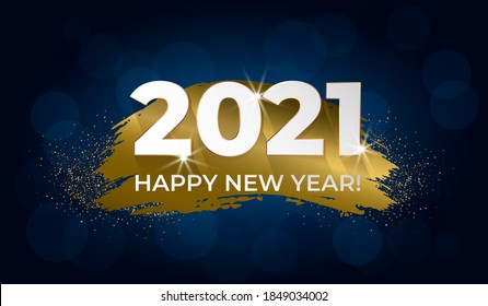 Happy New Year 2021. Greeting card golden brush stroke glittering on blue background. For holiday invitations, poster, banner. Vector illustration.