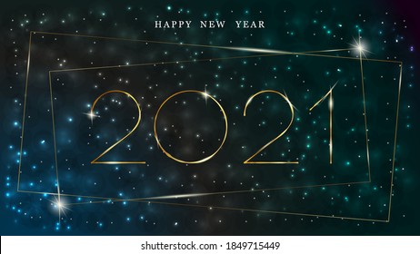 Happy New Year 2021 greeting card against the background of the starry sky. The numbers are limited by elegant frames. Vector illustration