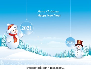 Happy New Year 2021. Greeting card, holiday banner with snowy winter landscape. Celebrating the New Year 2021 and bidding farewell to the outgoing year 2020 with snowmen. Vector illustration