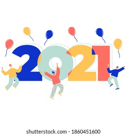 Happy new year 2021 greeting card. Flat design Christmas and New Year. Preparing to meet 2021 new year.Design for banner, greeting card or print. Vector illustration. Isolated on white background.