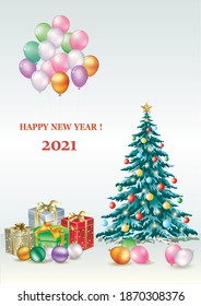 Happy New Year 2021. Greeting card with Christmas tree and gift boxes. New year background with balloons, festive banner. Happy Holidays. Vector illustration
