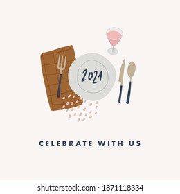 Happy New Year 2021 greeting card. Festive table setting. Holiday party invitation. Vector illustration background. Glass of wine, plate and kitchen utensils. Celebration concept, top view, flat lay.