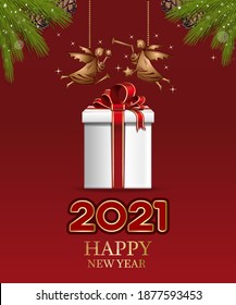 Happy New Year 2021. Greeting inscription on red festive background with gift box and branches of christmas tree. Vector illustration