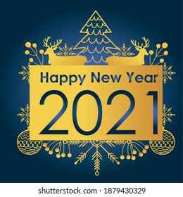 happy new year 2021 greeting card gold reindeer tree balls banner, blue background vector illustration