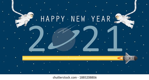 Happy new year 2021 greeting card banner. 2 Astronauts floating above number 2021 among the stars in big galaxy. outer space cartoon theme