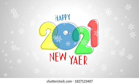 Happy new year 2021 greetings. Cheerful, multicolored, children s lettering on a winter background with snowflakes