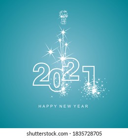 Feliz Ano Novo 2021 saudações fogos de artifício linha branca design números branco mar verde aqua cor fundo