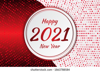 Happy new year 2021, halftone white red background.