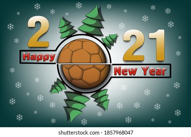Happy new year 2021 and handball ball with Christmas trees on an snowflakes background. Creative design pattern for greeting card, banner, poster, flyer, party invitation. Vector illustration