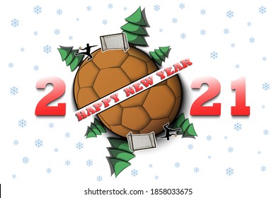 Happy new year 2021 and handball ball with Christmas trees on an isolated background. Handball player scores a goal. Design pattern for greeting card. Vector illustration