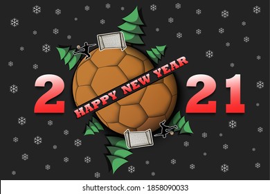 Happy new year 2021 and handball ball with Christmas trees on an isolated background. Handball player scores a goal. Design pattern for greeting card. Vector illustration