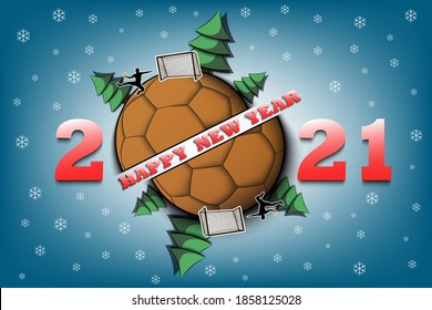 Happy new year 2021 and handball ball with Christmas trees on an isolated background. Handball player scores a goal. Design pattern for greeting card. Vector illustration