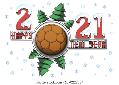 Happy new year 2021 and handball ball with Christmas trees on an isolated background. Snowy numbers and letters. Design pattern for greeting card, banner, poster, flyer. Vector illustration