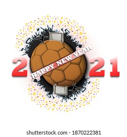 Happy new year 2021 and handball ball with handball player and fans. Creative design pattern for greeting card, banner, poster, flyer, party invitation. Vector illustration