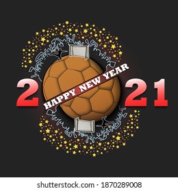 Happy new year 2021 and handball ball with handball player and fans. Creative design pattern for greeting card, banner, poster, flyer, party invitation. Vector illustration