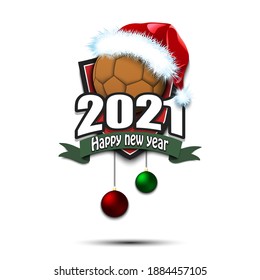 Happy new year 2021. Handball logo template design. Handball ball in santa hat. Pattern for banner, poster, greeting card, party invitation. Vector illustration