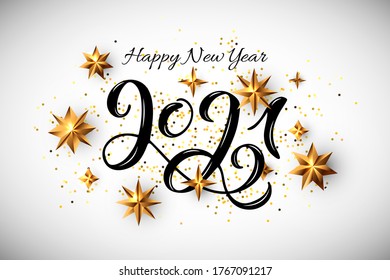 Happy New Year 2021 with handwritten numbers and golden stars. Vector illustration. Postcard motive.