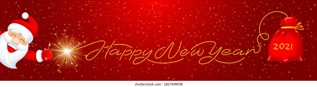 Happy New Year 2021 handwritten lettering with realistic sparkler. Laughing Santa Claus, Bag with gifts and digits 2021 on red background. Creative artistic design. Vector illustration.