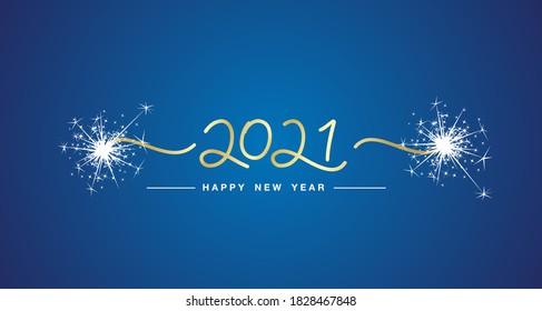 Happy New Year 2021 handwritten line design tipography gold numbers sparkle firework blue background banner