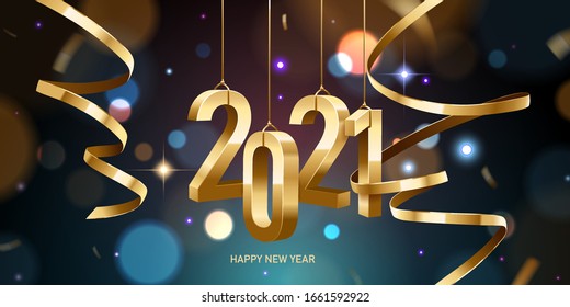 Happy New Year 2021. Hanging golden 3D numbers with ribbons and confetti on a defocused colorful, bokeh background.