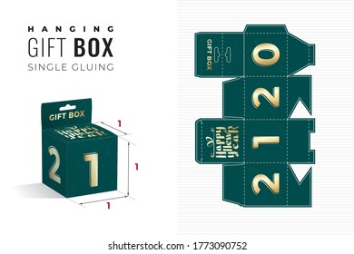 Happy New Year 2021 Hanging Gift Box Die Cut Cube Template with 3D Preview - Blueprint Layout with Cutting and Scoring Lines over Glossy Calligraphic Lettering on Green - Vector Packaging Design