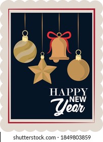 happy new year 2021, hanging ball star and bell, postage stamp icon vector illustration