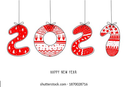 Happy New Year 2021  Hanging Numbers, Ornament In Trendy Style By Hand. Doodle Red On A White Background. Design For Holiday Projects. Vector Illustration.
