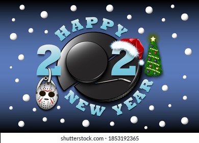 Happy new year 2021 and hockey puck with mask, hockey stick and Christmas hat. Creative design pattern for greeting card, banner, poster, flyer, party invitation, calendar. Vector illustration