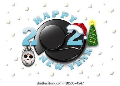 Happy new year 2021 and hockey puck with mask, hockey stick and Christmas hat. Creative design pattern for greeting card, banner, poster, flyer, party invitation, calendar. Vector illustration