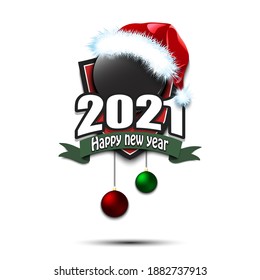 Happy new year 2021. Hockey logo template design. Hockey puck in santa hat. Pattern for banner, poster, greeting card, party invitation. Vector illustration