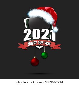 Happy new year 2021. Hockey logo template design. Hockey puck in santa hat. Pattern for banner, poster, greeting card, party invitation. Vector illustration