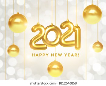 Happy New Year 2021. Holiday banner of hanging golden metallic numbers 2021 and sparkling shiny Christmas balls. Realistic 3d vector illustration. Festive christmas poster, greeting card