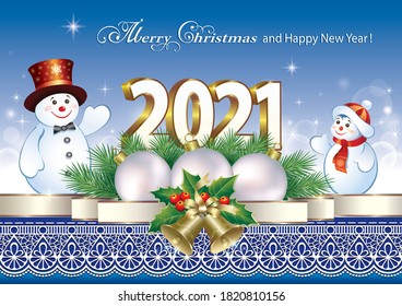 Happy New Year 2021. Holiday card with funny snowmen, balls and bells on a blue background with an ornament. Vector illustration