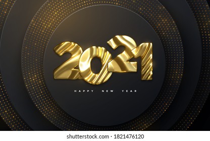 Frohes neues Jahr 2021. Feiertag-NYE-Veranstaltungszeichen. Vektorgrafik 3D. Goldene Charaktere 2021 mit schwerem Skulptur. Schwarzer, paperschneider Hintergrund. Glitzernder Hintergrund. Festliches Bannerdesign