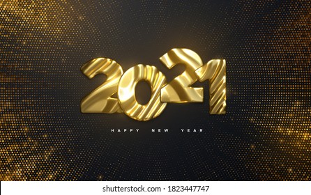 Happy New Year 2021. Holiday NYE event sign. Vector 3d illustration. Golden characters 2021 with wavy sculpted pattern. Shimmering background. Bursting backdrop with glitters. Festive banner design