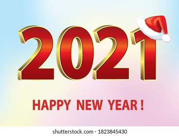 Happy New Year 2021. Holiday banner, colorful Christmas card, holiday wishes. Numbers 2021 with santa cap in 3d vector illustration