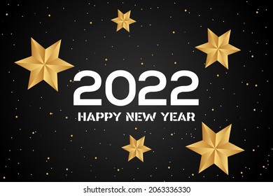 Happy New Year 2021 holiday greeting card design template. Party poster, banner or invitation gold glittering stars confetti glitter decoration.